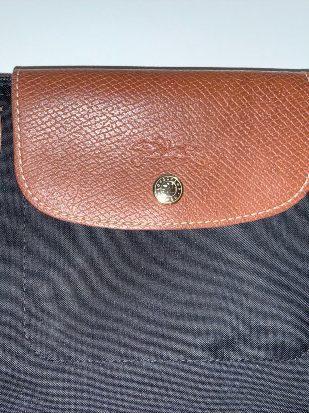 Longchamp Le Pliage Large Black Tote with Brown Leather Flap and Handle - Picture 3 of 10